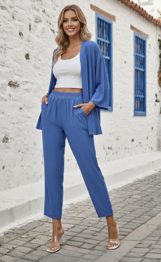 Kadın Uzun Kollu önü Açık Dokuma Ceket Ve Pantolon Ikili Takım - 2