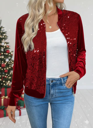 Kadın Uzun Kollu önü Açık Fermuarlı Pulpayetli Kadife Ceket - ANGELINO BuyukBedeniz