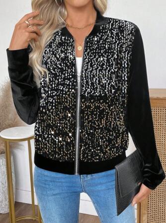 Kadın Uzun Kollu önü Açık Fermuarlı Pulpayetli Kadife Ceket - ANGELINO BuyukBedeniz (1)