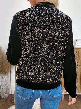 Kadın Uzun Kollu önü Açık Fermuarlı Pulpayetli Kadife Ceket - 3