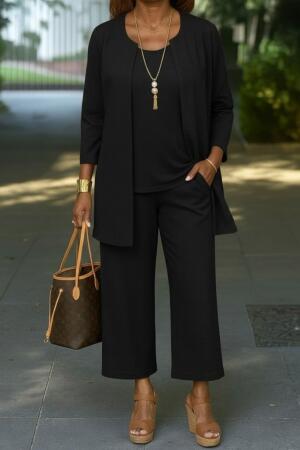 Kadın Uzun Kollu önü Açık Modal Ceket Kolsuz Viskon Iki Iplik Bluz Ve Pantolon üçlü Takım - 3