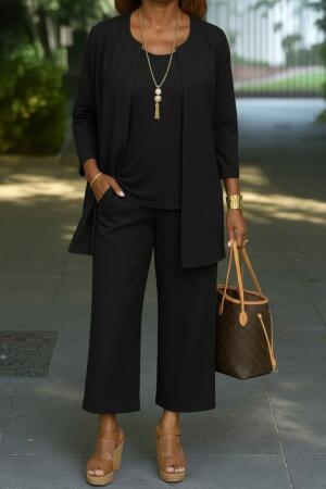 Kadın Uzun Kollu önü Açık Modal Ceket Kolsuz Viskon Iki Iplik Bluz Ve Pantolon üçlü Takım - 1