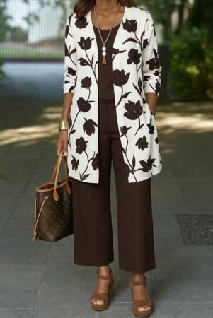 Kadın Uzun Kollu önü Açık Modal Ceket Kolsuz Viskon Iki Iplik Bluz Ve Pantolon üçlü Takım - ANGELINO BuyukBedeniz (1)