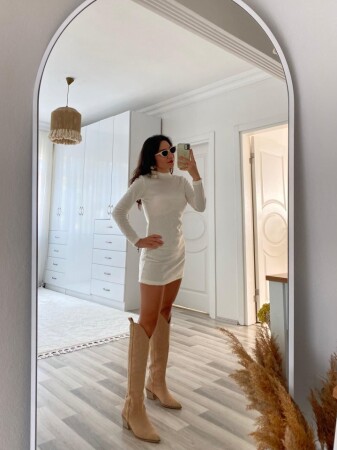 Kadın Uzun Kollu Peluş Mini Boy Elbise - 5