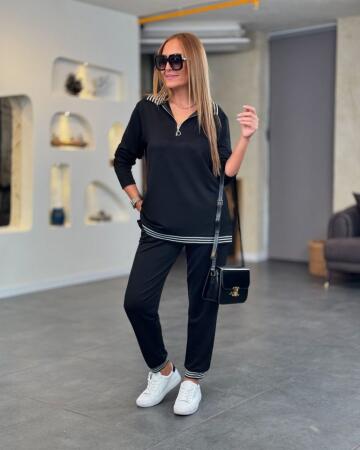 Kadın Uzun Kollu Ribana Ve Fermuar Detay Bluz Ve Yüksel Bel Pantolon 2li Takım - ANGELINO BuyukBedeniz (1)