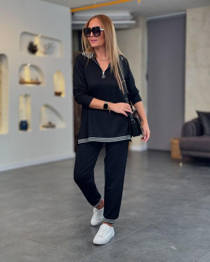 Kadın Uzun Kollu Ribana Ve Fermuar Detay Bluz Ve Yüksel Bel Pantolon 2li Takım - 3