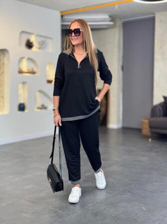 Kadın Uzun Kollu Ribana Ve Fermuar Detay Bluz Ve Yüksel Bel Pantolon 2li Takım - 4