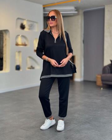 Kadın Uzun Kollu Ribana Ve Fermuar Detay Bluz Ve Yüksel Bel Pantolon 2li Takım - ANGELINO BuyukBedeniz