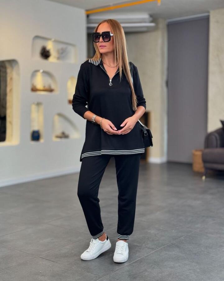 Kadın Uzun Kollu Ribana Ve Fermuar Detay Bluz Ve Yüksel Bel Pantolon 2li Takım - 1