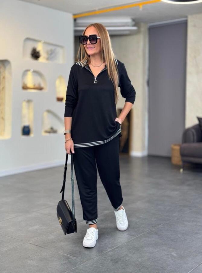 Kadın Uzun Kollu Ribana Ve Fermuar Detay Bluz Ve Yüksel Bel Pantolon 2li Takım - 4