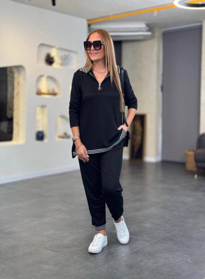 Kadın Uzun Kollu Ribana Ve Fermuar Detay Bluz Ve Yüksel Bel Pantolon 2li Takım - 6