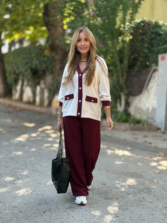 Kadın Uzun Kollu Ribanali Cep Detay Hırka Ve Bol Paça Pantolon Ikili Takım - 8