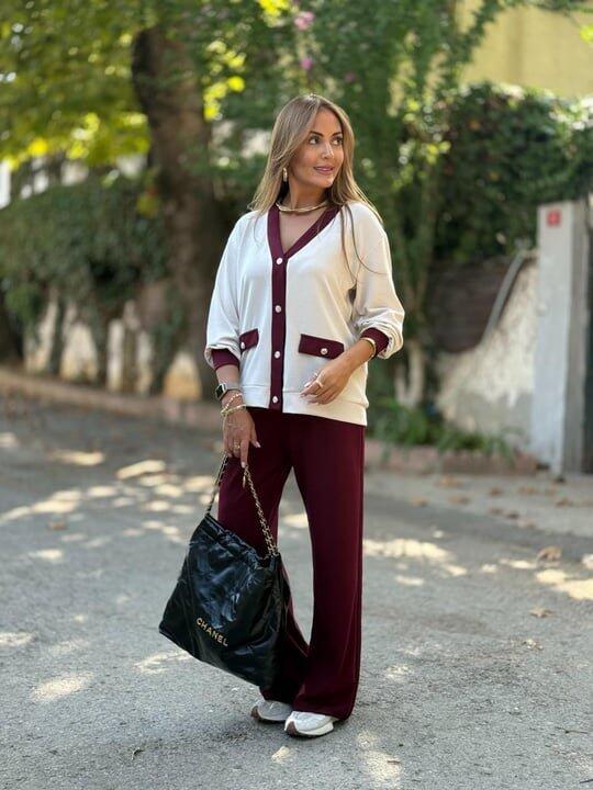 Kadın Uzun Kollu Ribanali Cep Detay Hırka Ve Bol Paça Pantolon Ikili Takım - 10