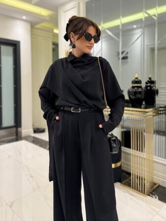 Kadın Uzun Kollu şal Detaylı Bluz Ve Pantolon Ikili Takım - ANGELINO BuyukBedeniz