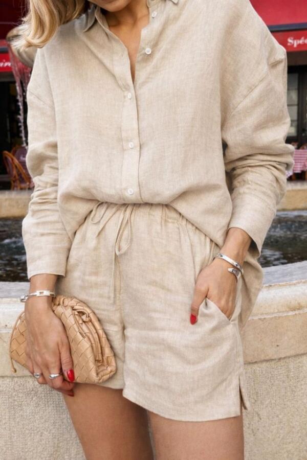 Kadın Uzun Kollu Salaş Gömlek Ve şort Keten Ikili Takım - 2