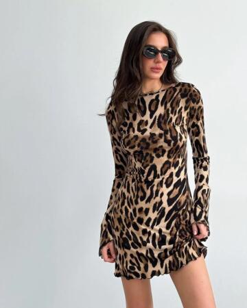 Kadın Uzun Kollu Sırtı Açık Bağlamalı Leopar Desenli Kısa Dalgıç Elbise - 8