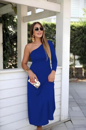 Kadın Uzun Kollu Tek Omuz Detay Krep Elbise - ANGELINO BuyukBedeniz
