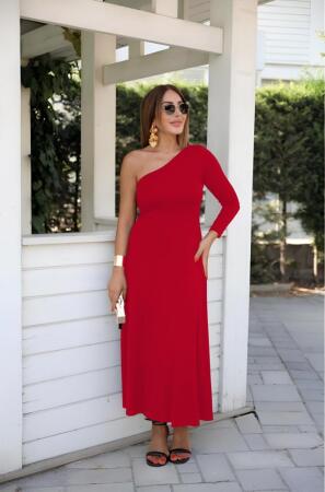 Kadın Uzun Kollu Tek Omuz Detay Krep Elbise - ANGELINO BuyukBedeniz