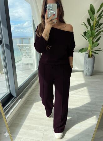 Kadın Uzun Kollu Tek Omuzdan Açık Modal Bluz Ve Pantolon Ikili Mürdüm Takım - ANGELINO BuyukBedeniz