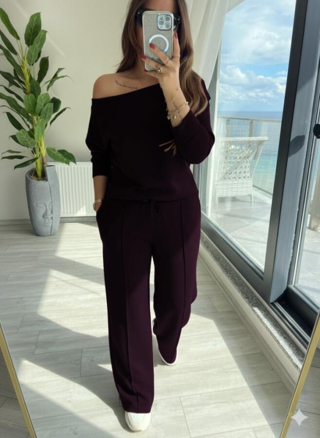 Kadın Uzun Kollu Tek Omuzdan Açık Modal Bluz Ve Pantolon Ikili Mürdüm Takım - 2