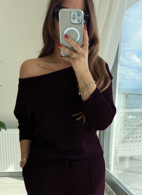 Kadın Uzun Kollu Tek Omuzdan Açık Modal Bluz Ve Pantolon Ikili Mürdüm Takım - 3