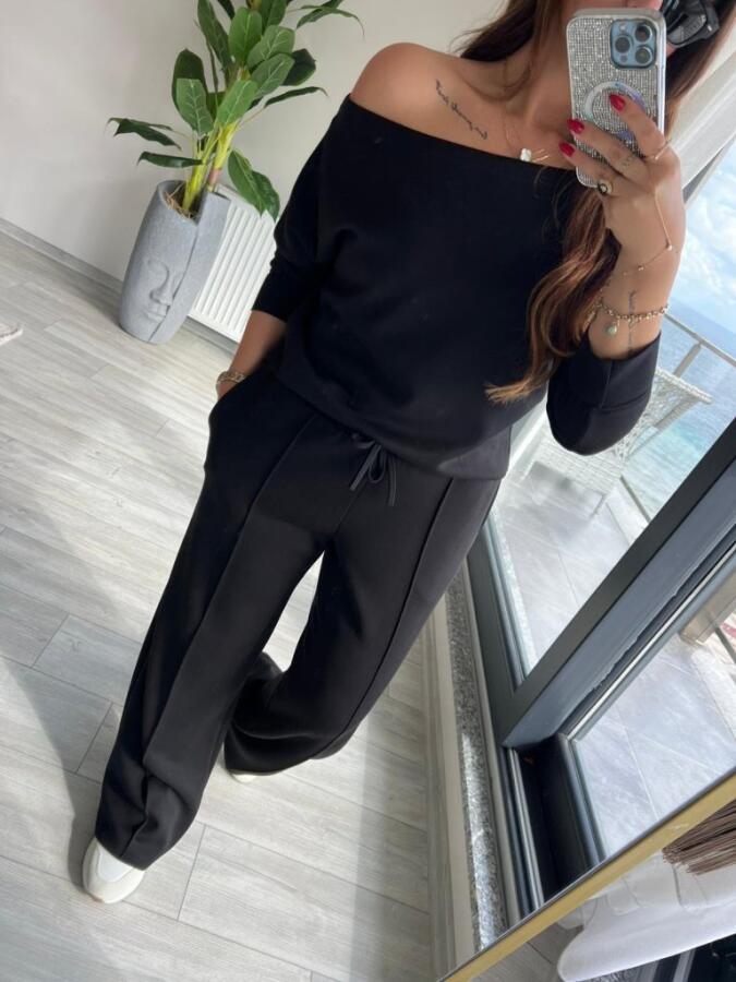 Kadın Uzun Kollu Tek Omuzdan Açık Modal Bluz Ve Pantolon Ikili Takım - 6