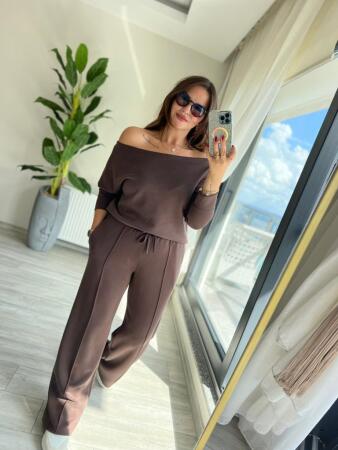 Kadın Uzun Kollu Tek Omuzdan Açık Modal Bluz Ve Pantolon Ikili Takım - 1