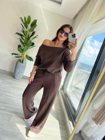 Kadın Uzun Kollu Tek Omuzdan Açık Modal Bluz Ve Pantolon Ikili Takım - 4
