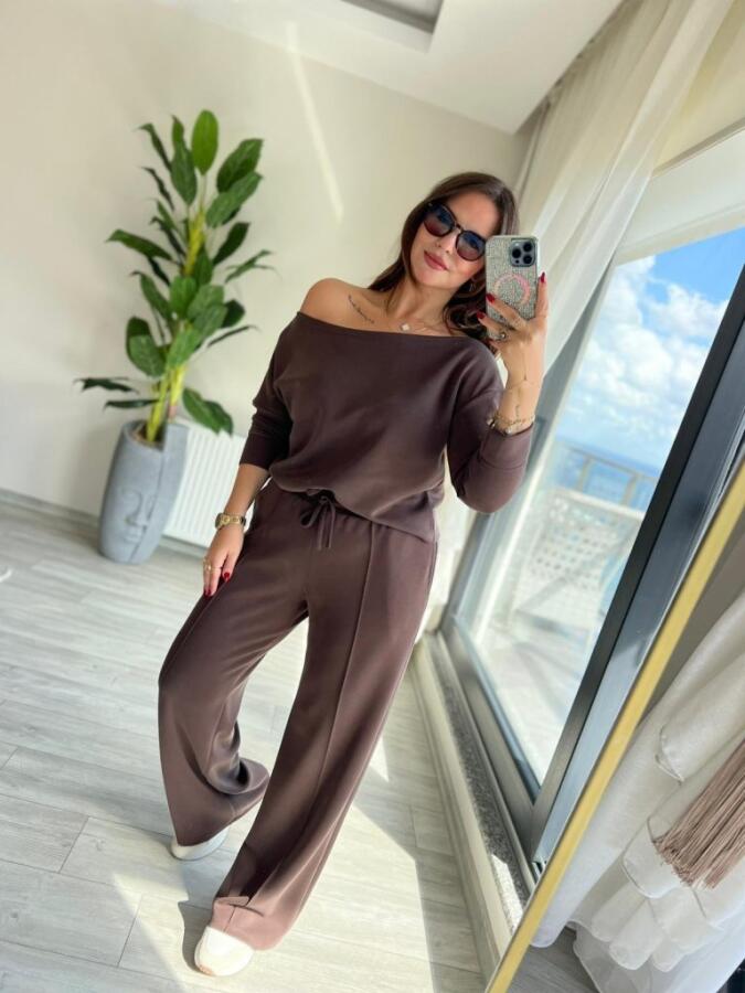 Kadın Uzun Kollu Tek Omuzdan Açık Modal Bluz Ve Pantolon Ikili Takım - 4