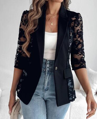 Kadın Uzun Kollu Truvakar Kol önden Düğmeli Cepli Dantelli Atlas Ceket - ANGELINO BuyukBedeniz
