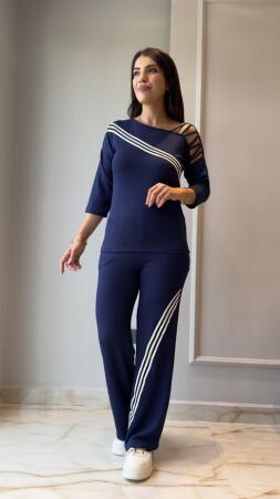 Kadın Uzun Kollu Truvakar Kol Tek Omuz çapraz şerit Detaylı Ribanalı Viskon Iki Iplik Bluz Ve Pantolon Ikili Takım - ANGELINO BuyukBedeniz