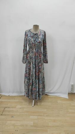 Kadın Uzun Kollu Uakadabağcıklı Beli Lastikli Desenli Uzun Süprem Elbise - 6