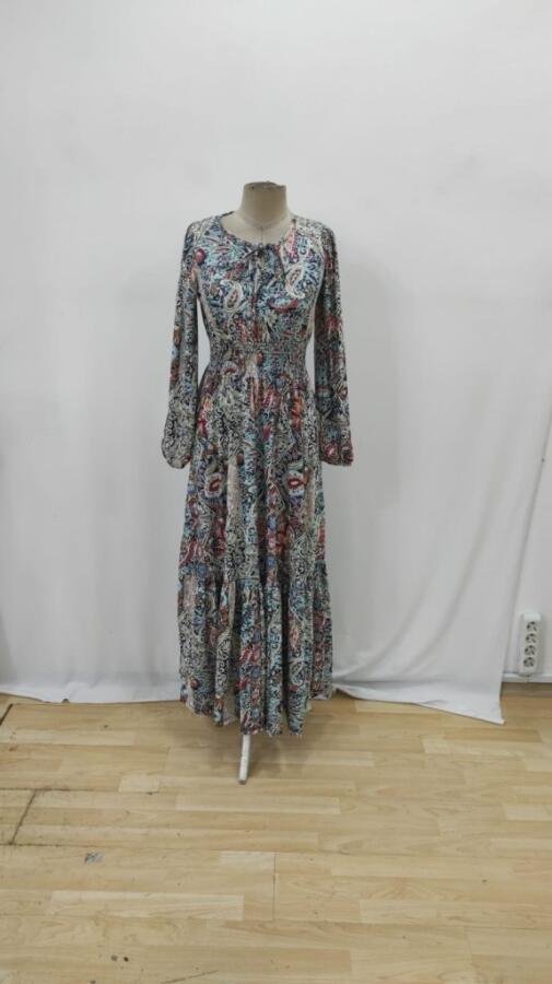 Kadın Uzun Kollu Uakadabağcıklı Beli Lastikli Desenli Uzun Süprem Elbise - 6