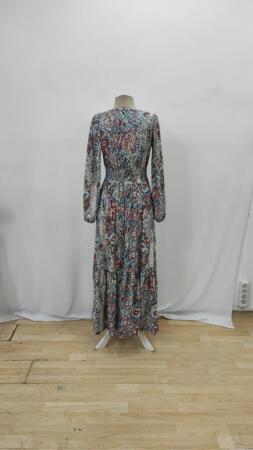 Kadın Uzun Kollu Uakadabağcıklı Beli Lastikli Desenli Uzun Süprem Elbise - 7