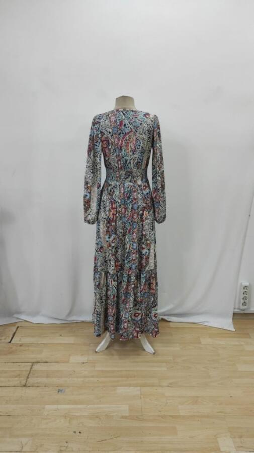 Kadın Uzun Kollu Uakadabağcıklı Beli Lastikli Desenli Uzun Süprem Elbise - 7