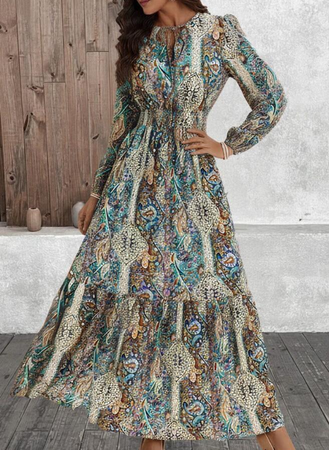 Kadın Uzun Kollu Uakadabağcıklı Beli Lastikli Desenli Uzun Süprem Elbise - 1