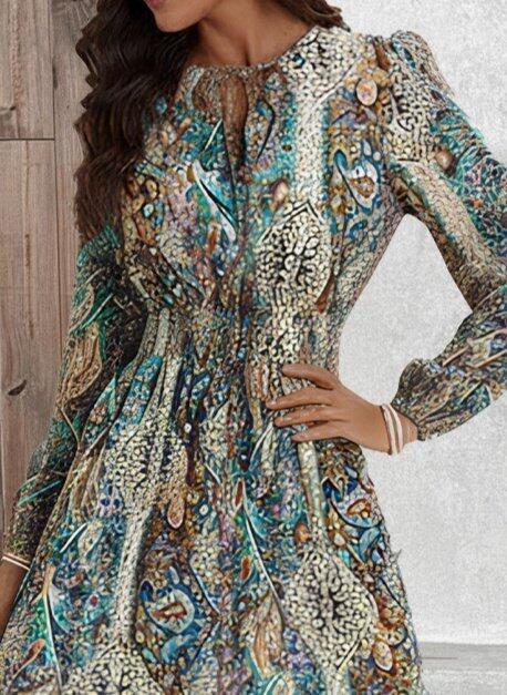 Kadın Uzun Kollu Uakadabağcıklı Beli Lastikli Desenli Uzun Süprem Elbise - 2