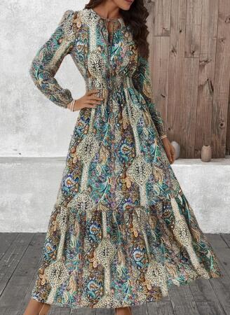 Kadın Uzun Kollu Uakadabağcıklı Beli Lastikli Desenli Uzun Süprem Elbise - 3