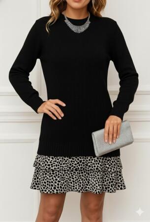 Kadın Uzun Kollu üst şardonlu Kaşkorse Alt Süprem Desenli Elbise - ANGELINO BuyukBedeniz