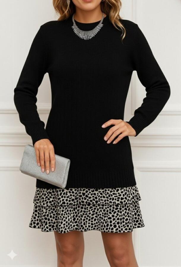 Kadın Uzun Kollu üst şardonlu Kaşkorse Alt Süprem Desenli Elbise - 3