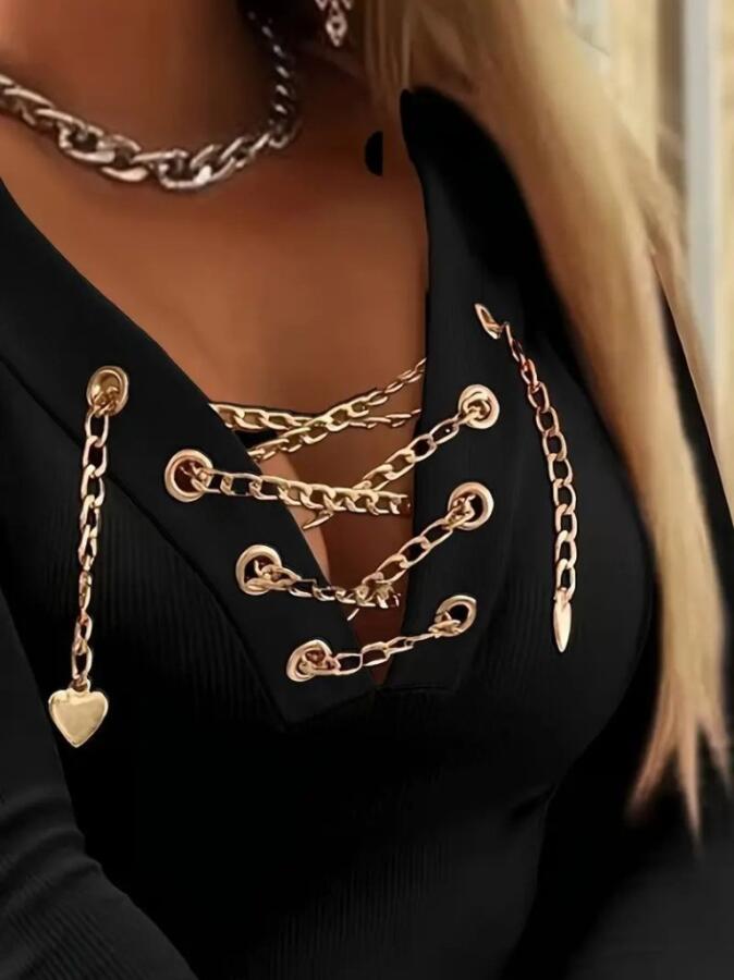 Kadın Uzun Kollu V çapraz Zincir Detaylı Kaşkorse Bluz - 2
