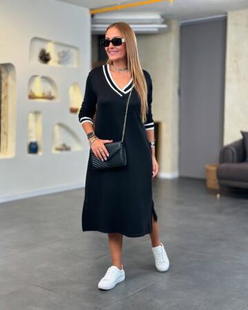 Kadın Uzun Kollu V Ribana Yakalı Yanlardan Yırtmaçlı Midi Viskon Iki Iplik Elbise - ANGELINO BuyukBedeniz