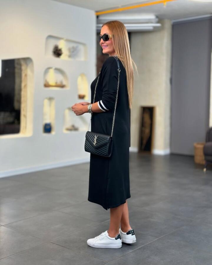 Kadın Uzun Kollu V Ribana Yakalı Yanlardan Yırtmaçlı Midi Viskon Iki Iplik Elbise - 2