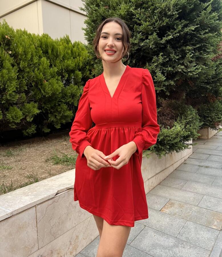 Kadın Uzun Kollu V Yaka Belden Hafif Pileli Scuba Krep Mini Boy Elbise - 4