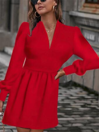 Kadın Uzun Kollu V Yaka Belden Hafif Pileli Scuba Krep Mini Boy Elbise - ANGELINO BuyukBedeniz