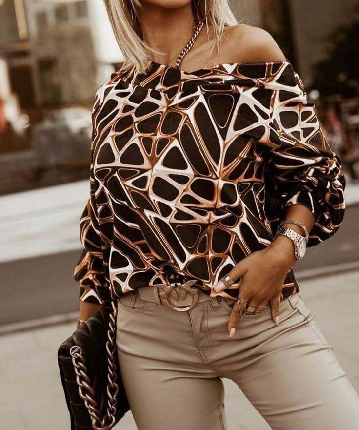 Kadın Uzun Kollu V Yaka Düşük Omuz Geometrik Desen şardonlu Dalgıç Bluz - 2