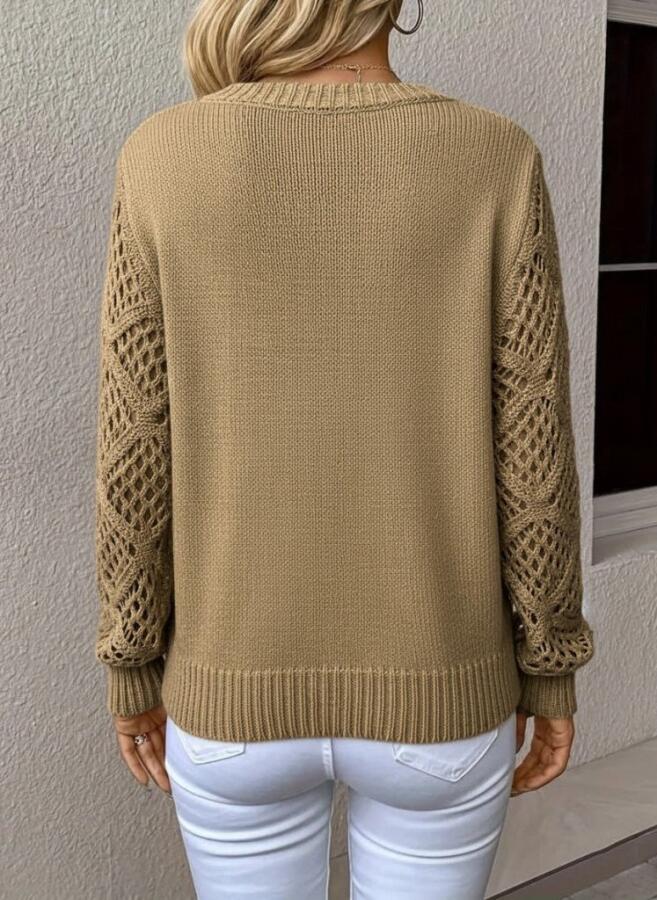 Kadın Uzun Kollu V Yaka Kol Delikli Baklava Desen Detaylı Triko Kazak - 3