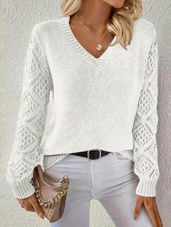 Kadın Uzun Kollu V Yaka Kol Delikli Baklava Desen Detaylı Triko Kazak - ANGELINO BuyukBedeniz