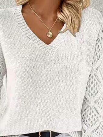 Kadın Uzun Kollu V Yaka Kol Delikli Baklava Desen Detaylı Triko Kazak - ANGELINO BuyukBedeniz (1)