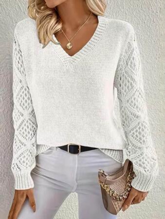 Kadın Uzun Kollu V Yaka Kol Delikli Baklava Desen Detaylı Triko Kazak - 3